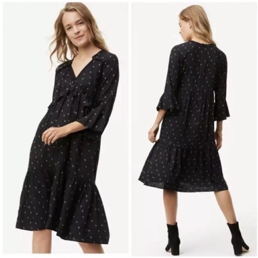 LOFT Midi Dress Prairie Peasant Boho Ruffle Floral Rosebud Garden Party XS NWT